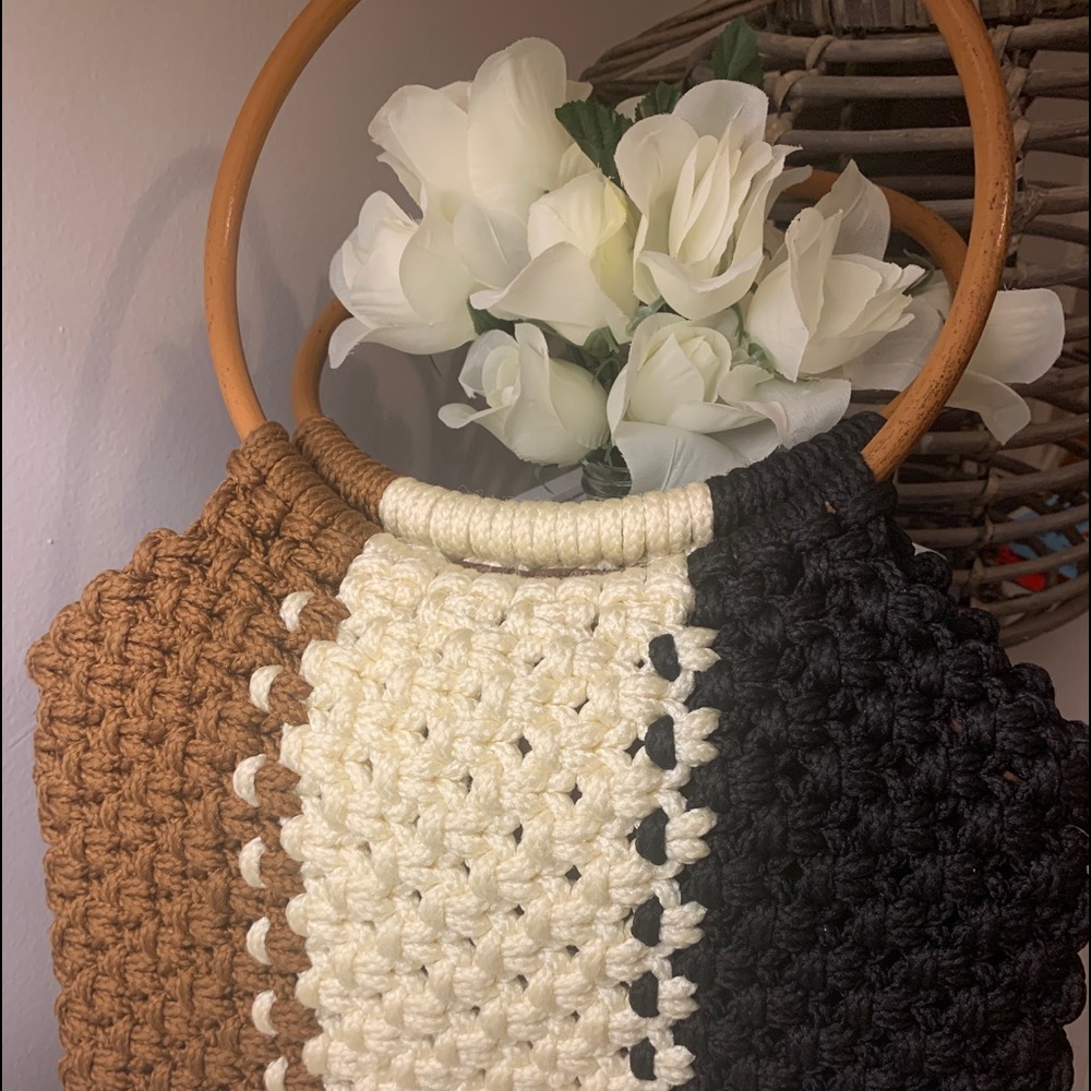 Macrame crochet purse with wooden handles